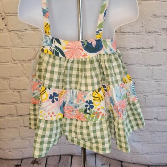 Baby Girls Sleeveless Tiered Mixed Tropical Print and Seersucker Check Dress - Picture 4 of 6
